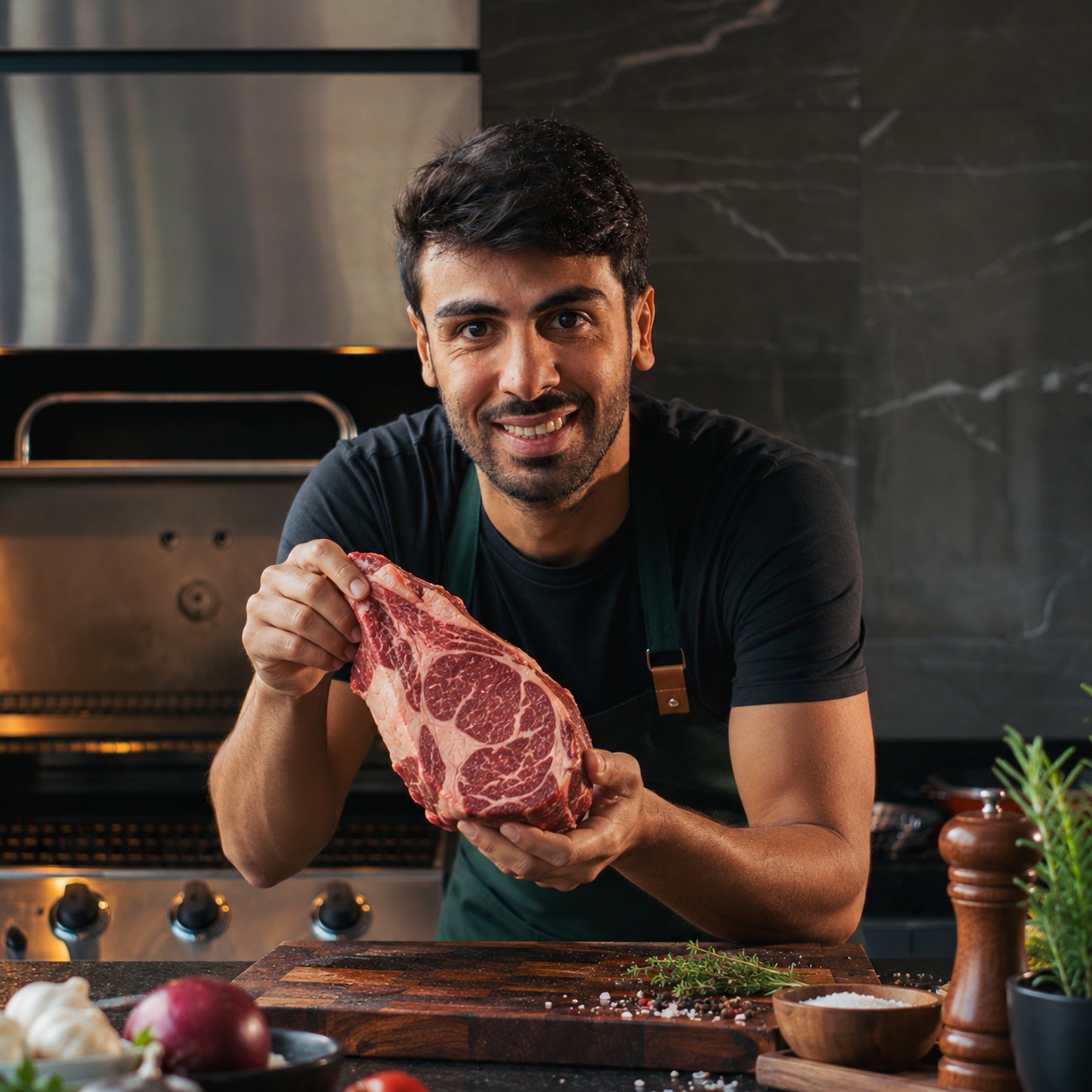 Bruno Uzuelle segurando um corte de carne na cozinha